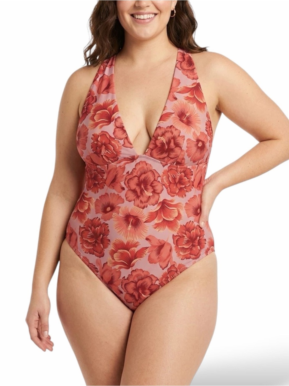Shade & Shore Pink Hibiscus Floral One Piece Swimsuit 16 Full Coverage Tropical